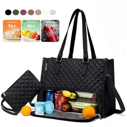 Sac cabas isotherme 2 en 1 matelassé noir avec bandoulière et compartiment repas zippé