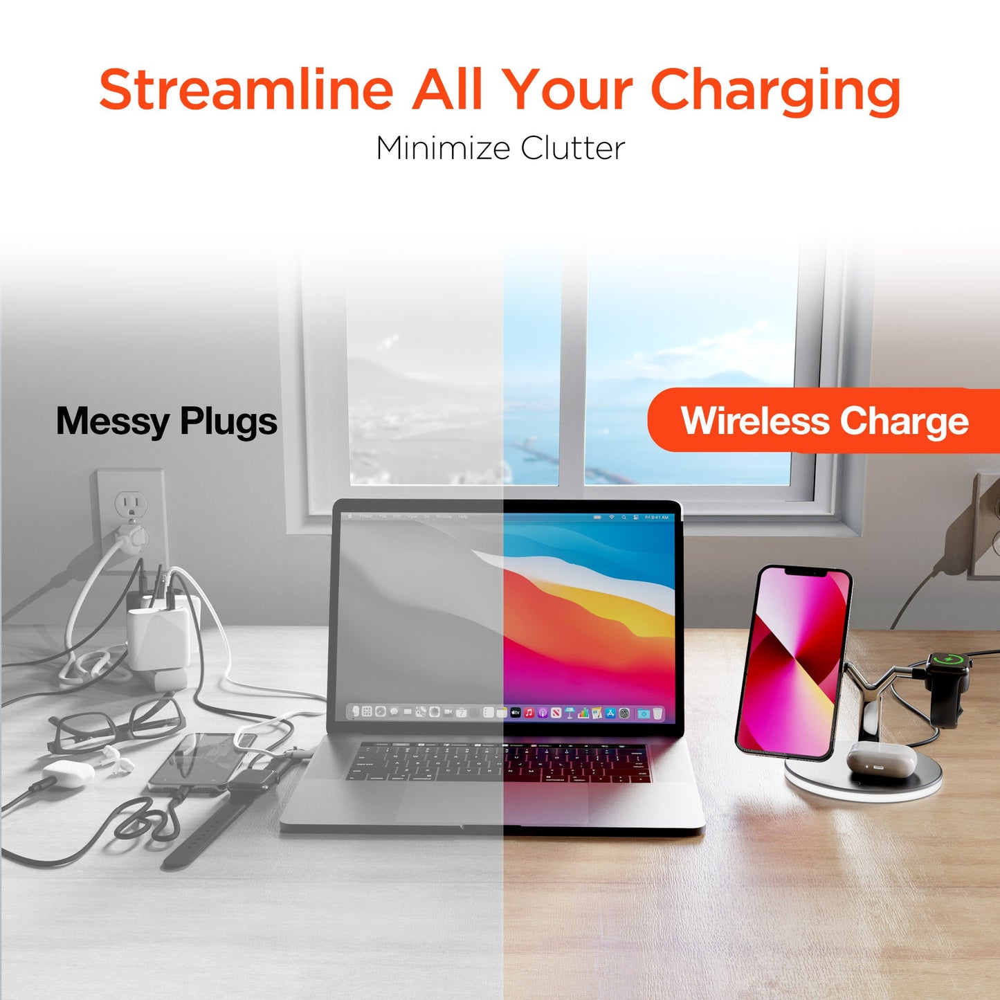 Station de charge 3-en-1 sur bureau, avec support smartphone et écouteurs.