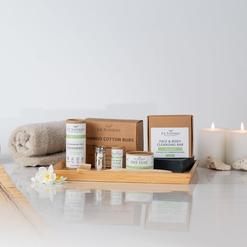 Coffret de soins visage et corps 7 pièces avec plateau en bois, savons et serviette
