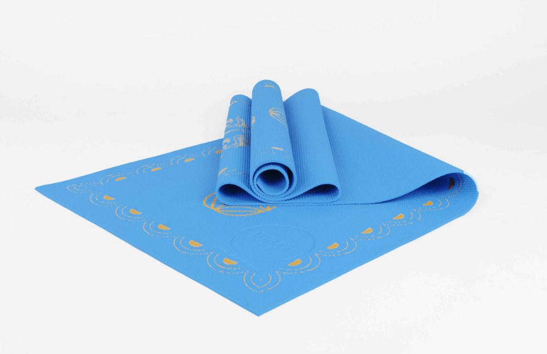 Tapis de yoga imprimé PVC bleu, enroulé, motifs circulaires et traits