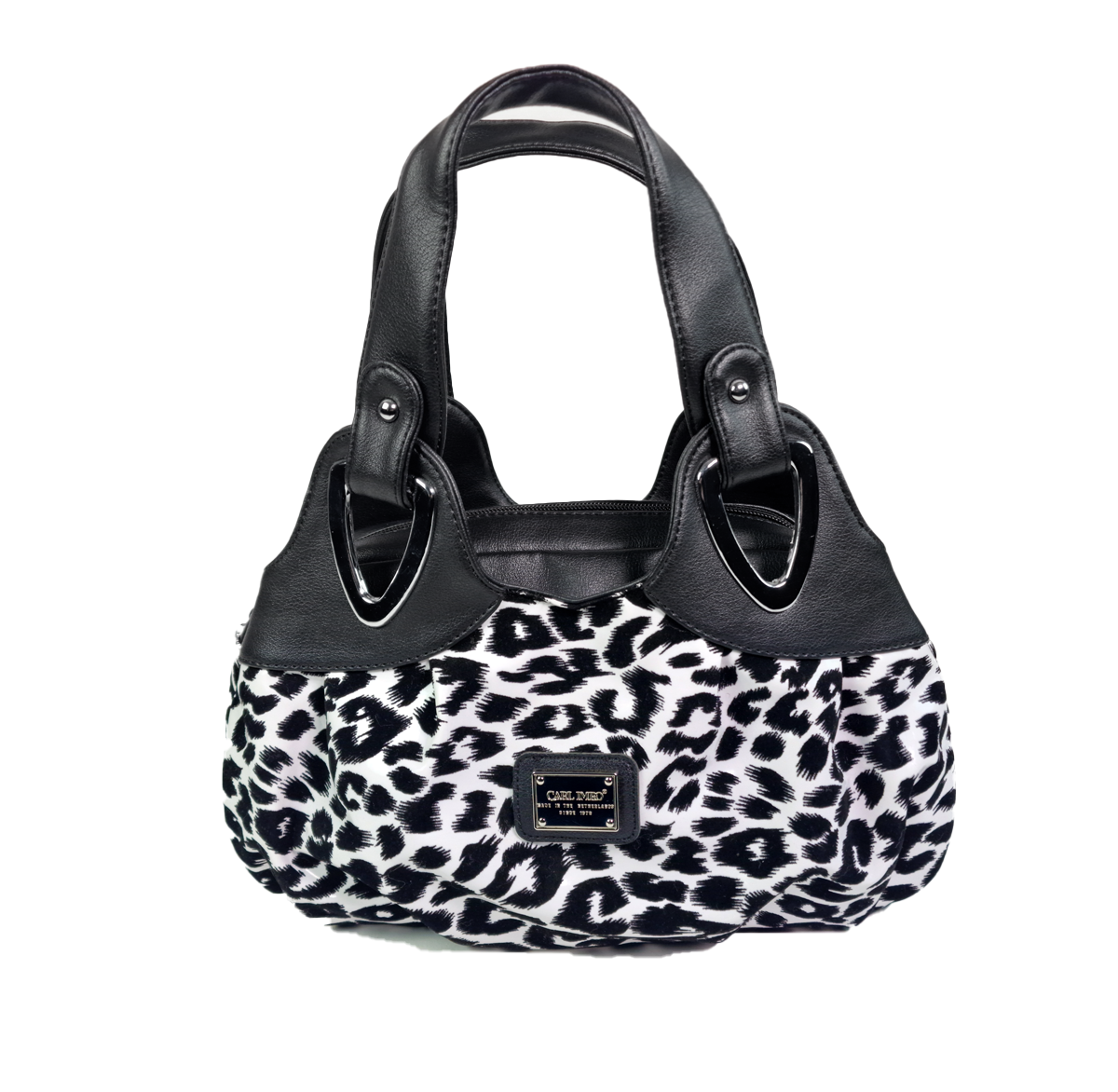 Sac à main femme imprimé léopard noir et blanc, anses noires et plaque logo centrale.