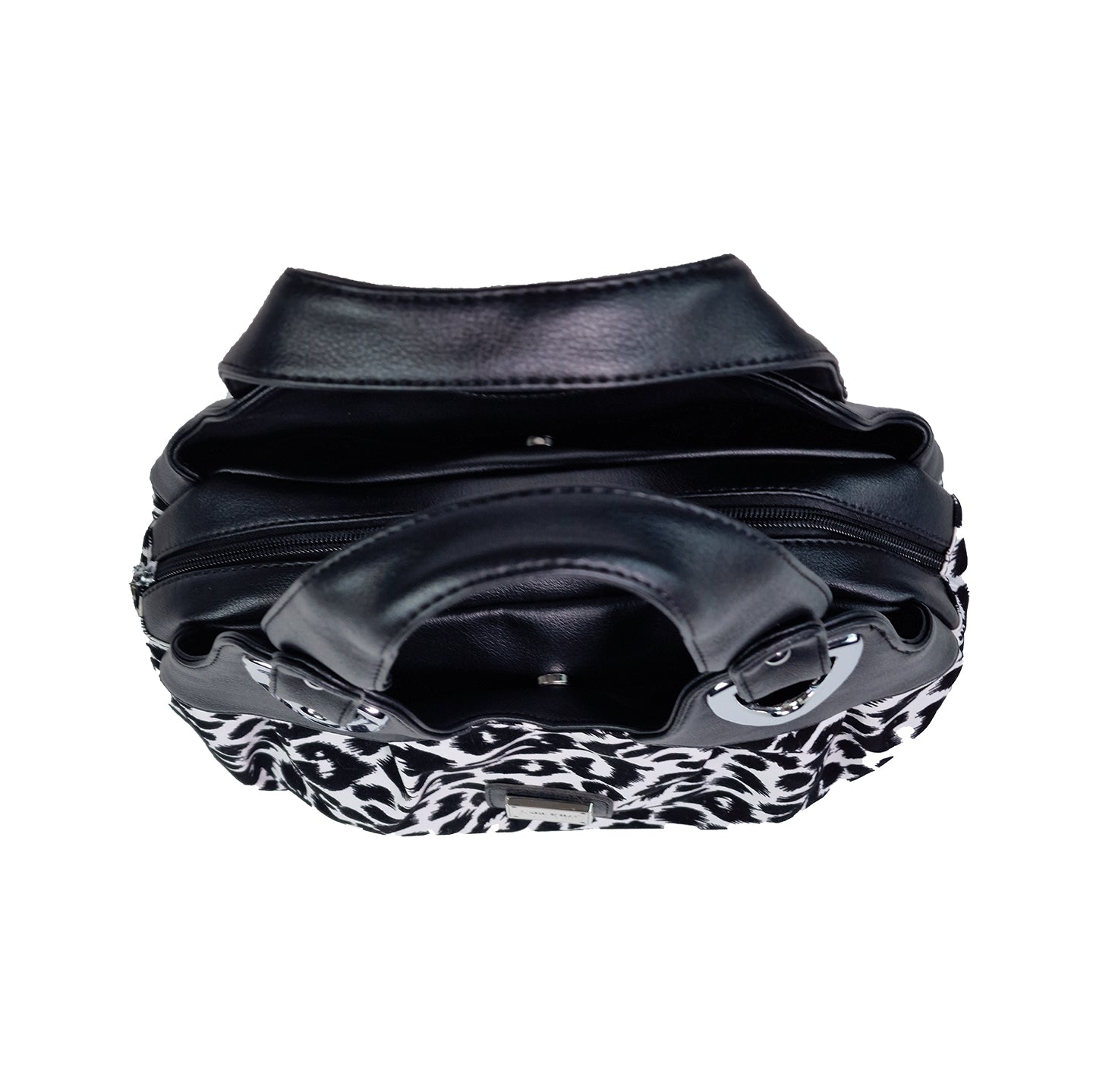 Sac à main femme imprimé léopard noir et blanc, fermeture zippée et partie supérieure noire.