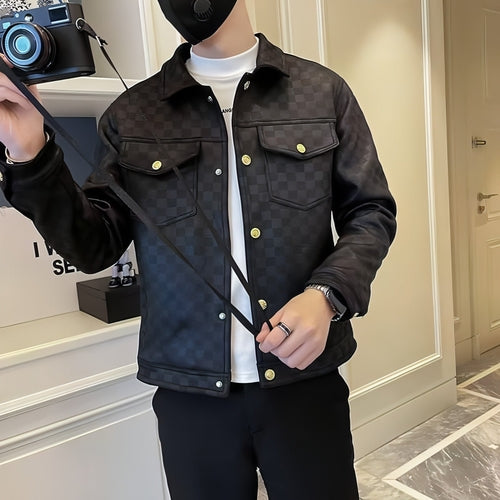 Veste homme noire à motif, col montant, fermeture boutonnée et poches latérales