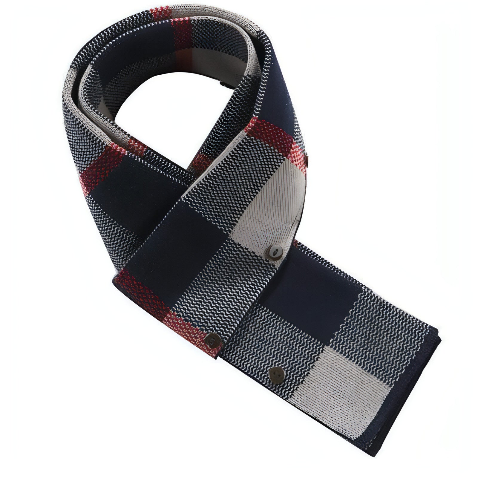 Écharpe en tissu texturé à carreaux bleu marine, gris et bordeaux, bords à extrémités.