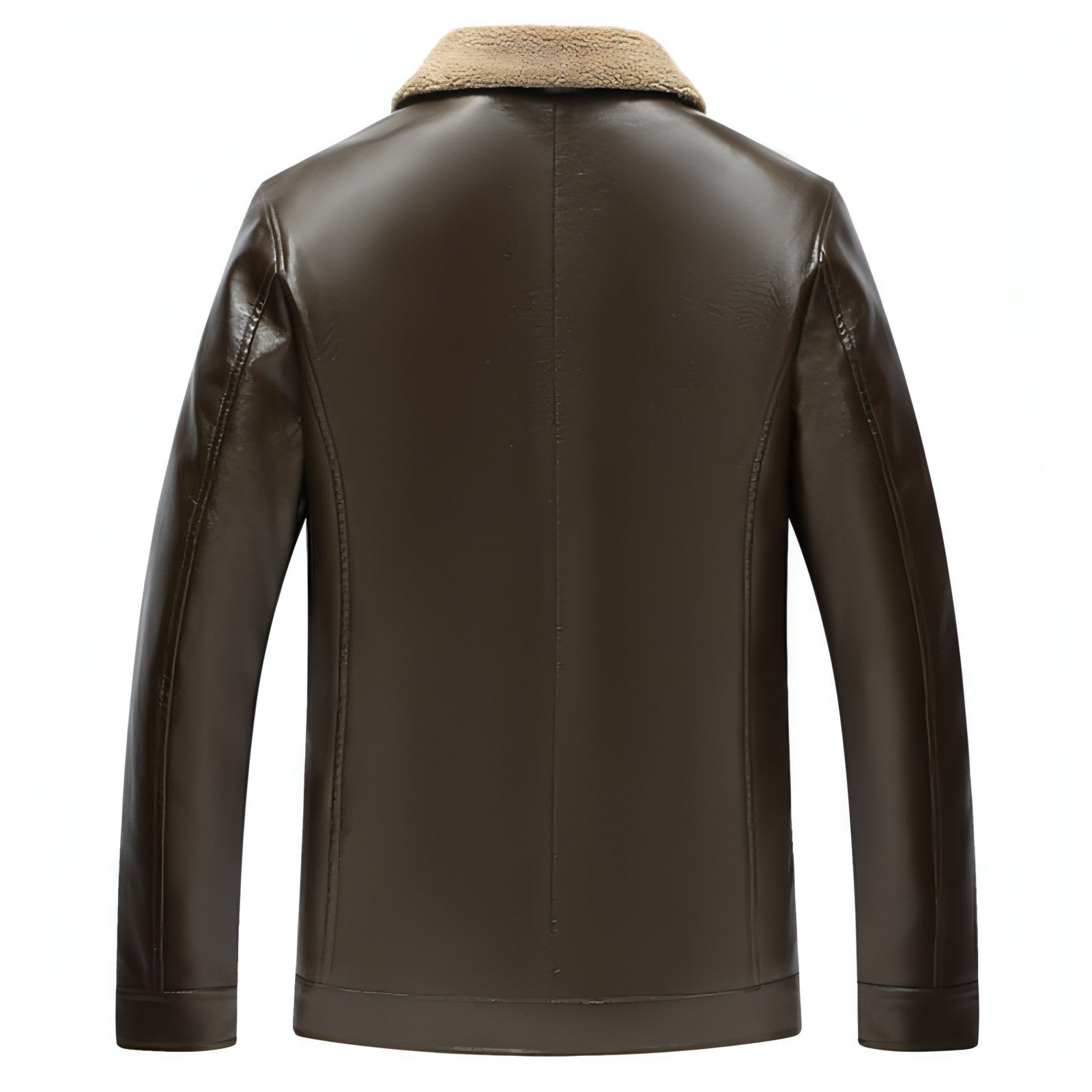 Veste en cuir marron foncé, vue dos, col polo en polaire beige, zip