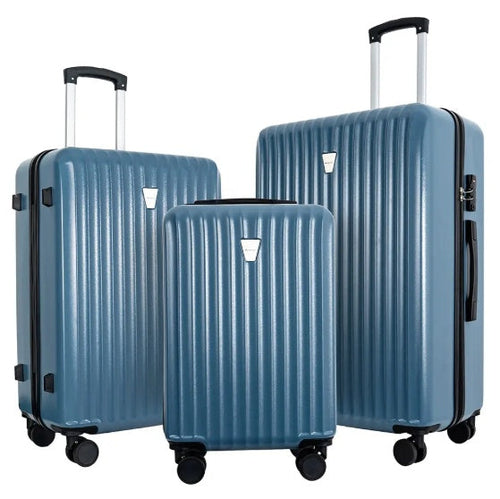 Ensemble de 3 valises rigides bleues à nervures, poignées télescopiques et roues