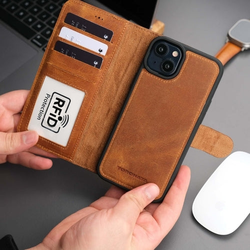 Coque portefeuille marron en cuir, rabat cartes RFID et protection pour iPhone.