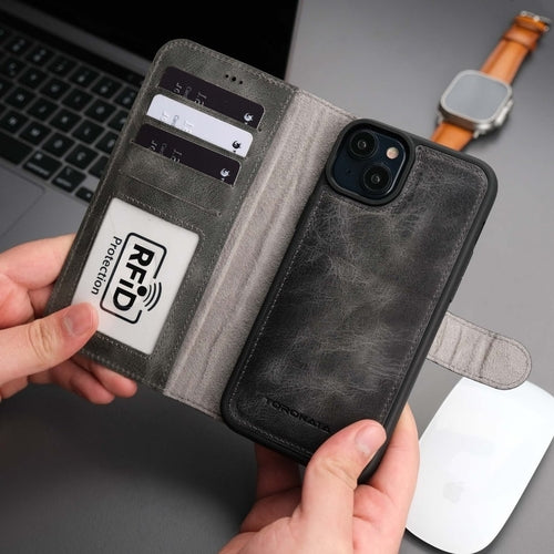 Coque portefeuille noire/grise en cuir, rabat cartes avec protection RFID pour iPhone.