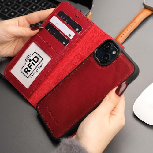 Coque portefeuille rouge en cuir avec rabat cartes RFID et protection pour appareil photo iPhone.