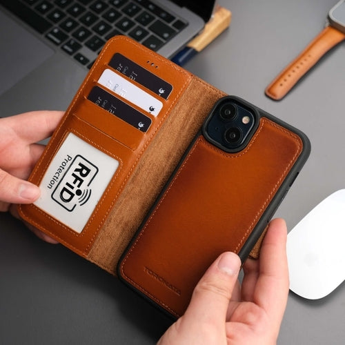 Coque portefeuille orange/noisette en cuir, rabat cartes RFID et protection pour iPhone.