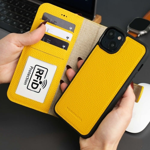 Coque portefeuille en cuir jaune pour iPhone 16 Plus, rabat avec poche RFID et béquille