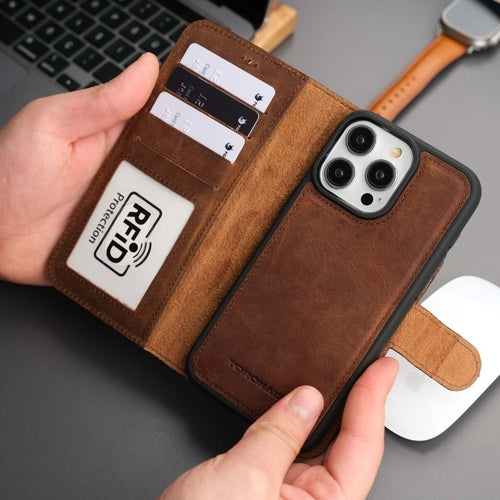 Coque portefeuille en cuir brun pour iPhone, fenêtre RFID et lanière