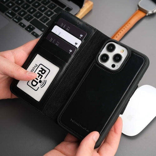 Coque portefeuille en cuir noir pour iPhone, fenêtre RFID et béquille