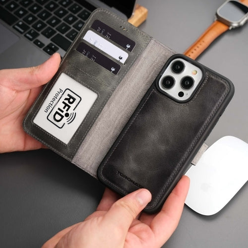Coque portefeuille en cuir gris foncé pour iPhone, fenêtre RFID et rabat