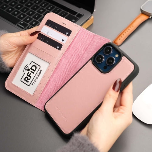 Coque portefeuille en cuir rose pour iPhone, fenêtre RFID et protection caméra