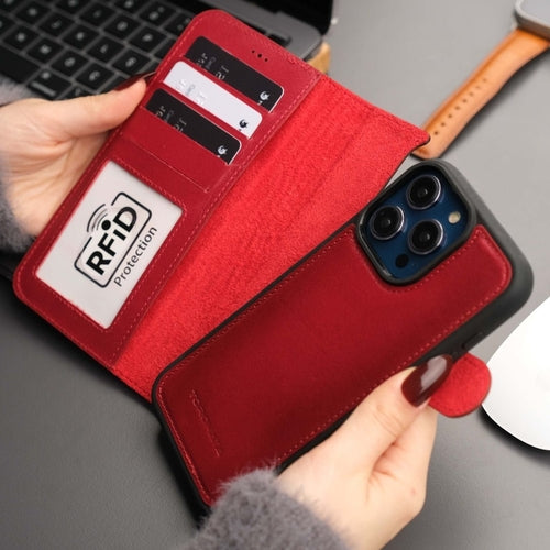 Coque portefeuille en cuir rouge pour iPhone, fenêtre RFID et rabat pliable