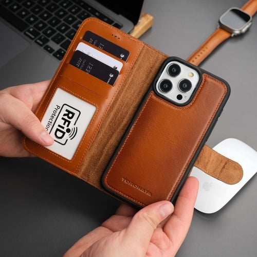 Coque portefeuille en cuir marron pour iPhone, fenêtre RFID et lanière