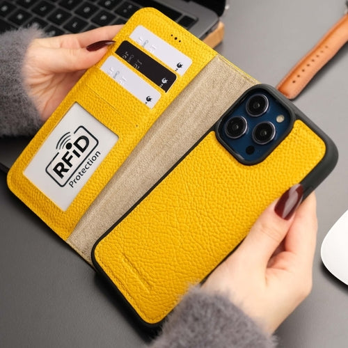 Coque portefeuille en cuir jaune pour iPhone, fenêtre RFID et protection caméra