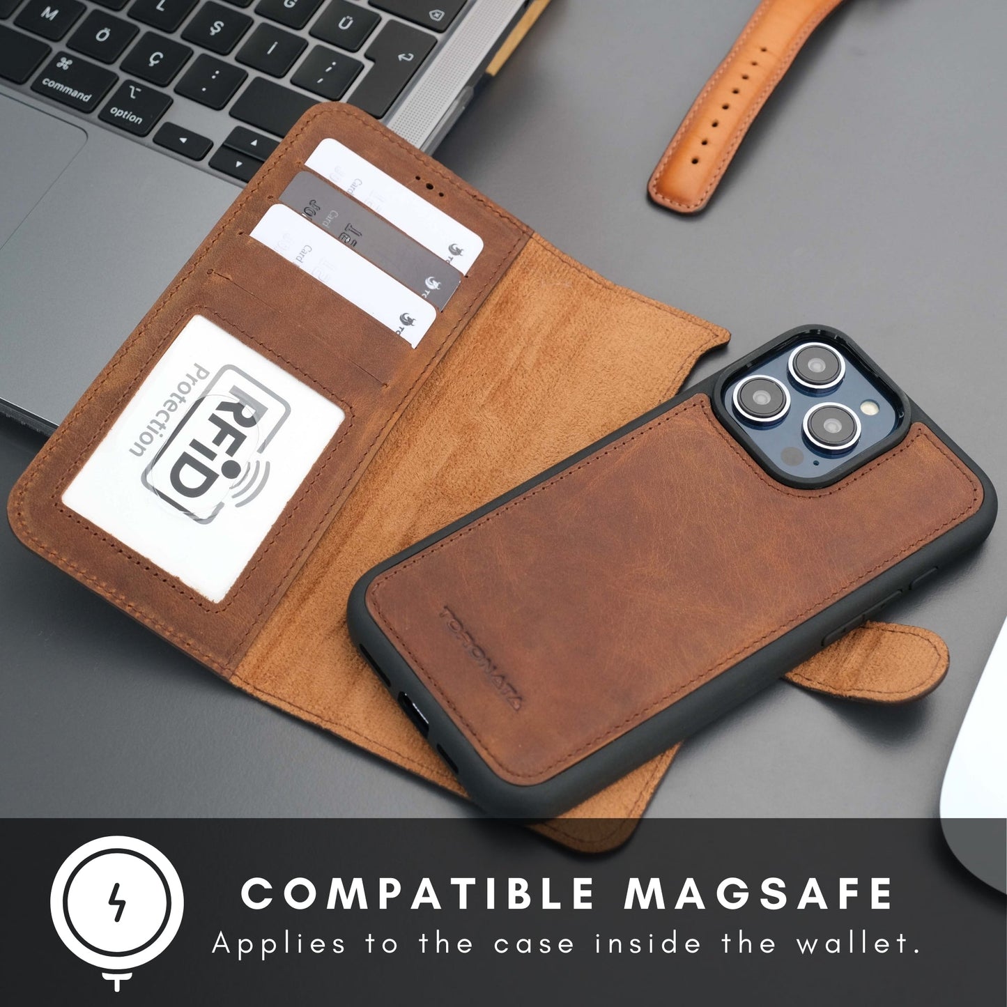 Coque portefeuille en cuir marron avec fente pour cartes RFID et bandoulière détachable.