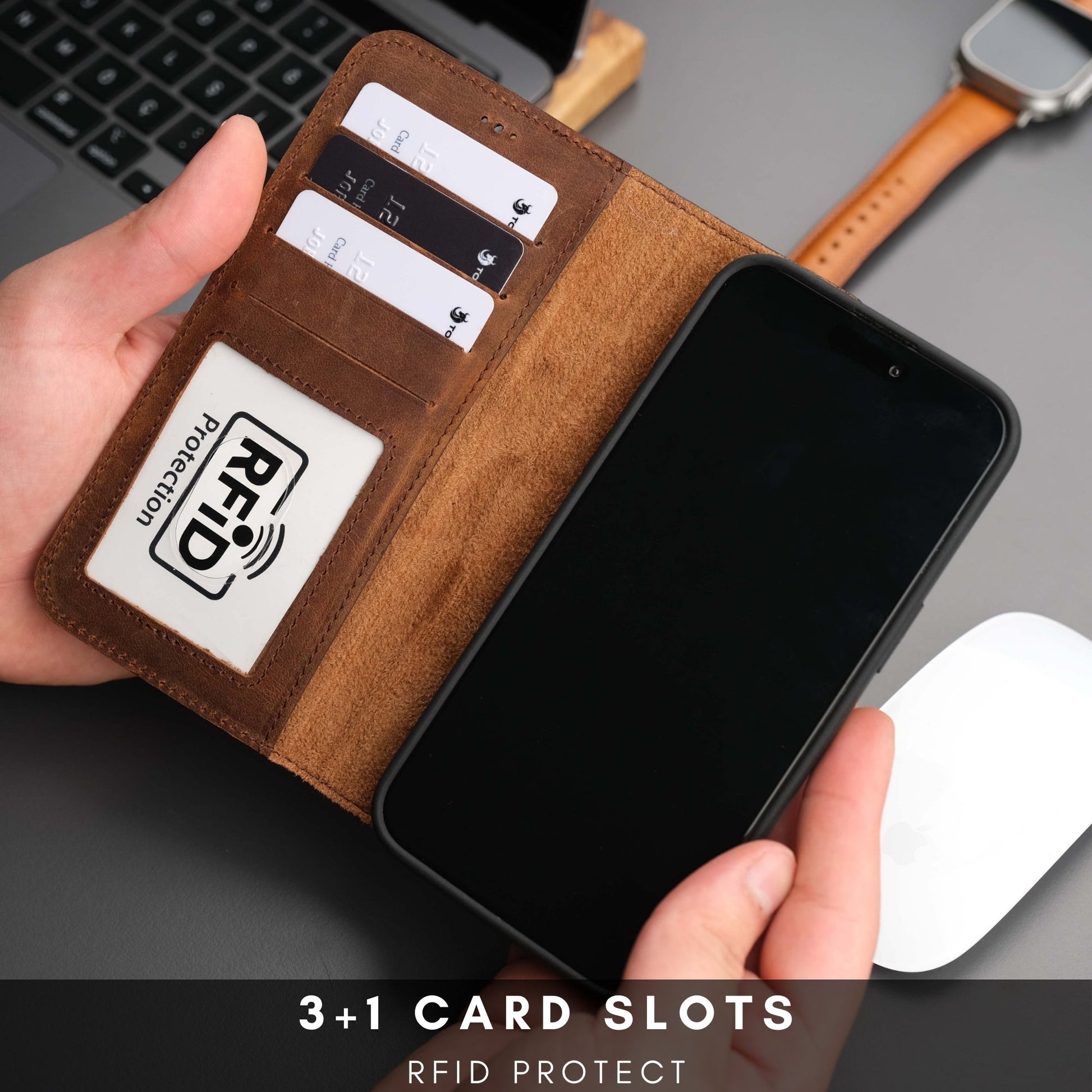 Coque portefeuille en cuir marron avec 3 emplacements cartes et protection rabattable.