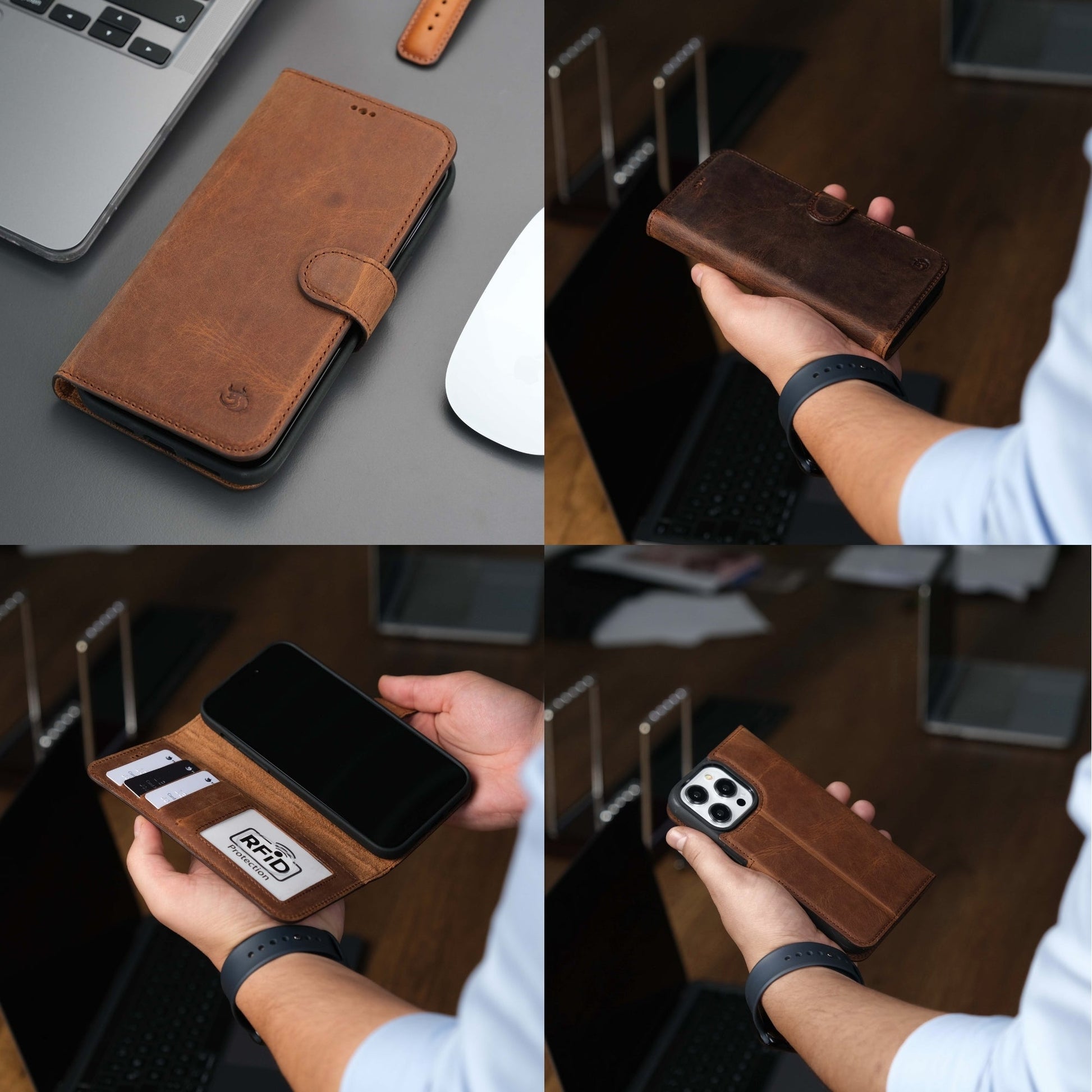 Coque portefeuille en cuir marron avec rabat, emplacements cartes RFID et sangle de maintien.