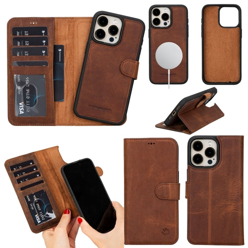 Coque portefeuille en cuir marron pour iPhone 14 Pro Max, rabat avec support MagSafe et RFID.