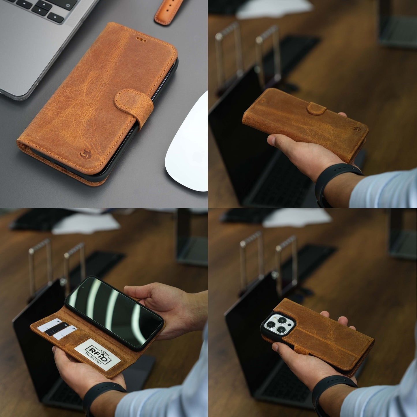 Coque portefeuille en cuir pour iPhone, couleur tan, rabat fermé et détail de fermeture.