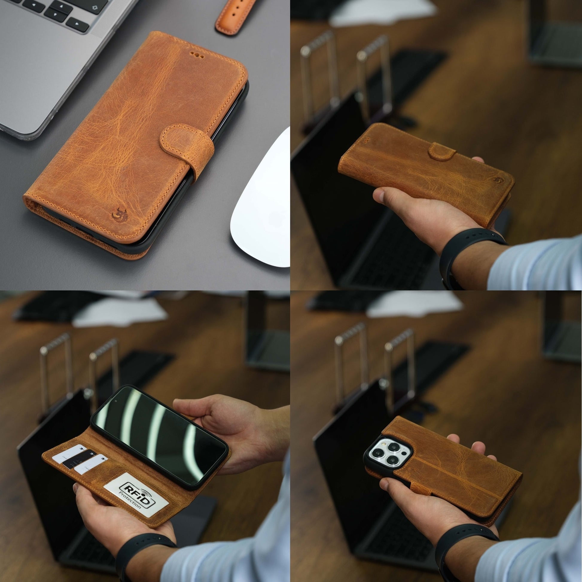 Coque portefeuille en cuir pour iPhone, couleur tan, rabat fermé et détail de fermeture.