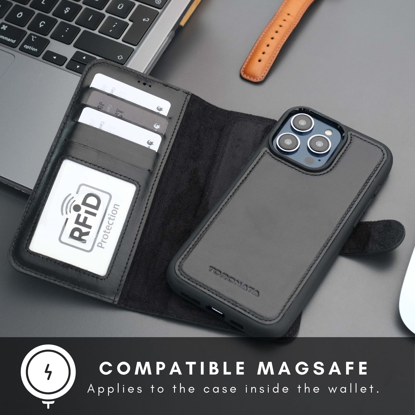 Coque portefeuille en cuir foncé pour iPhone, rabat RFID et emplacement cartes