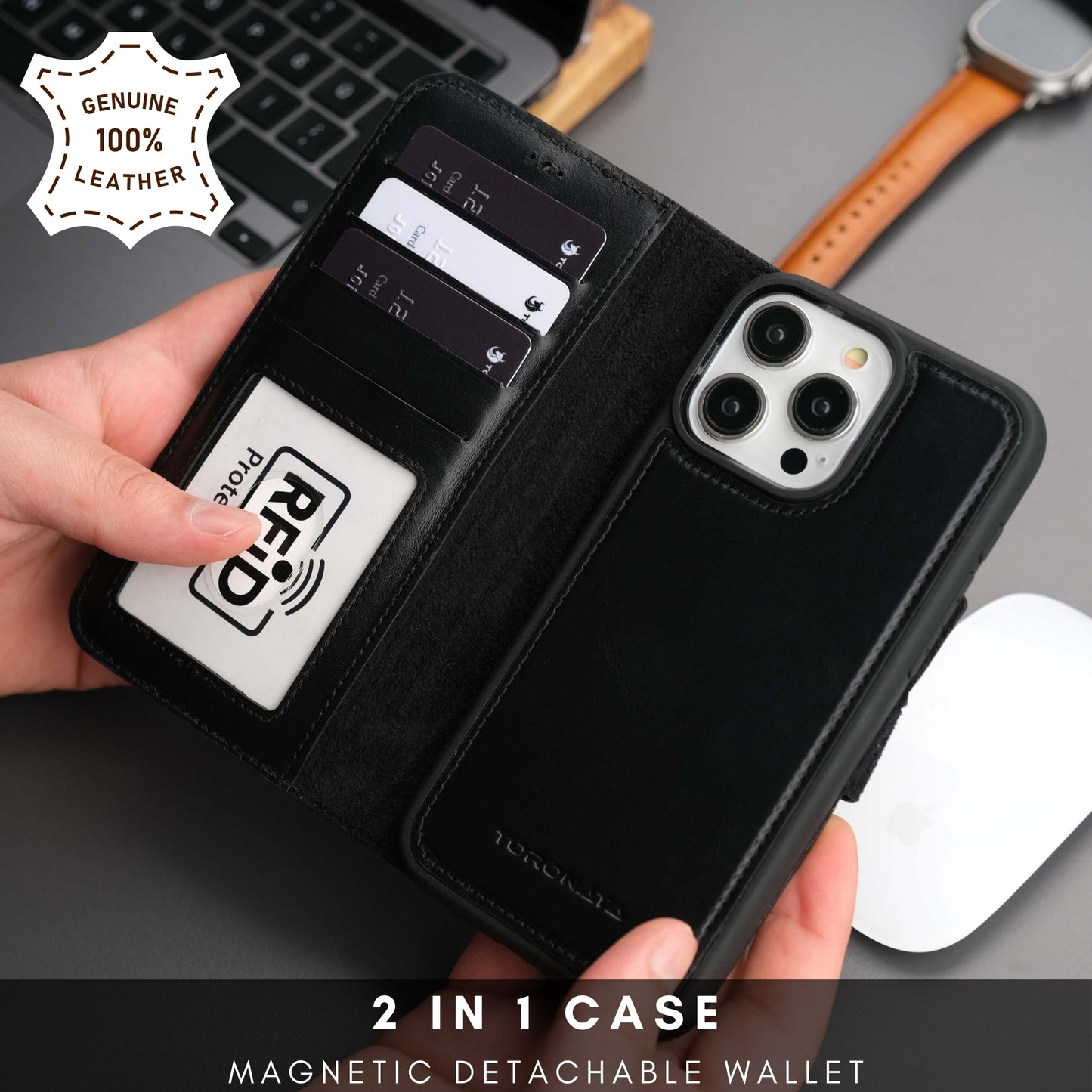 Coque portefeuille en cuir noir avec fentes cartes, protection RFID et rabat ouvert