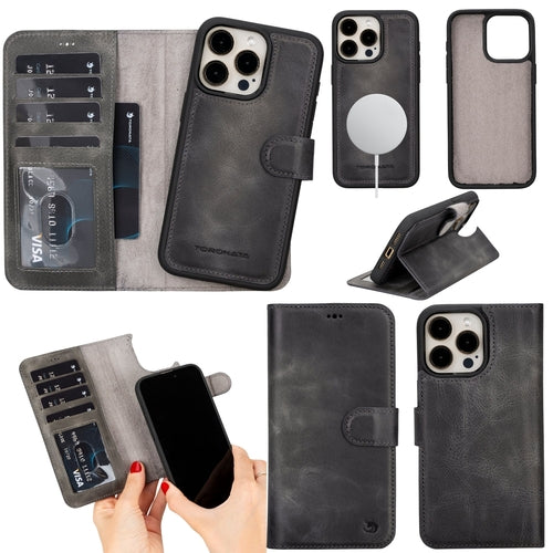 Coque portefeuille en cuir gris pour iPhone 14 Pro Max, rabat avec protection RFID et support.