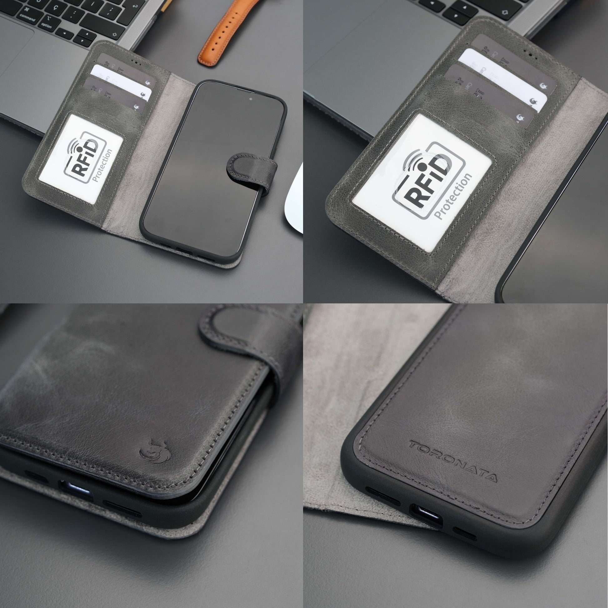 Coque portefeuille cuir foncé avec fenêtre RFID, s’adapte à iPhone avec support rabattable
