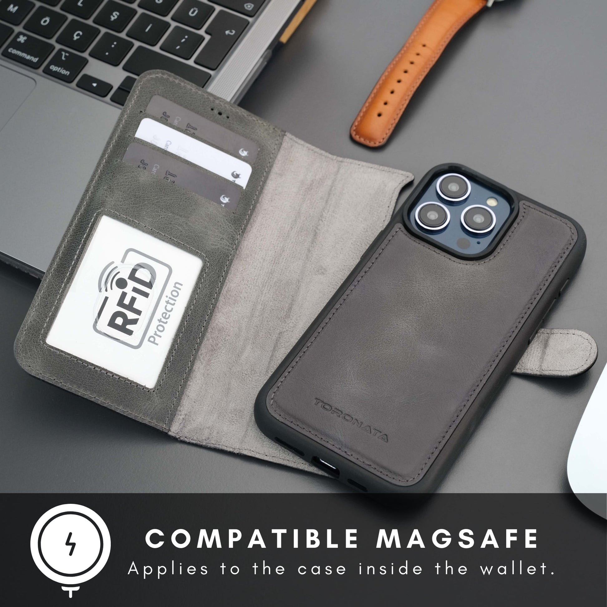 Coque portefeuille en cuir pour iPhone gris, RFID visible et compatibilité MagSafe indiquée.