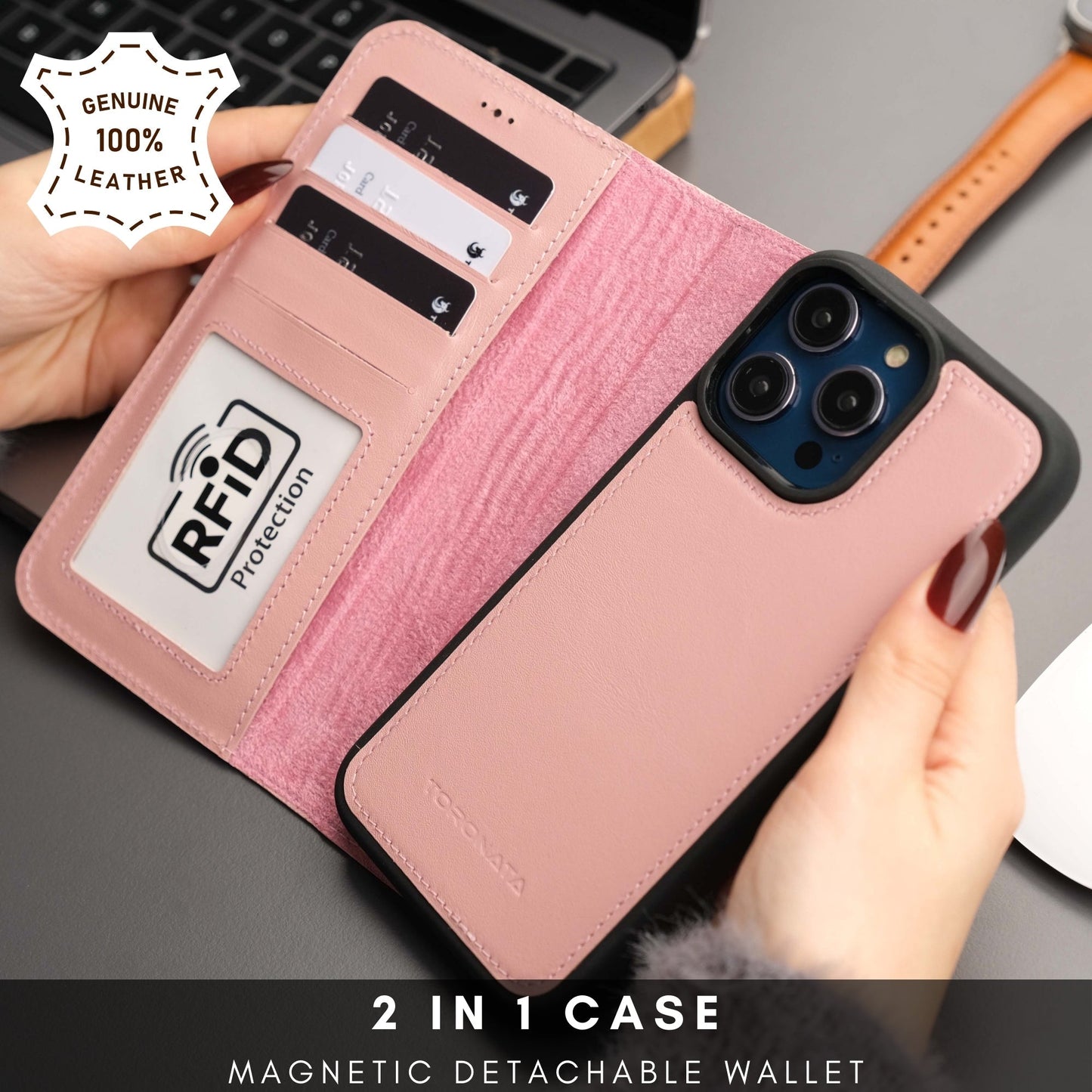 Coque portefeuille cuir rose pâle avec protection RFID et rangements magnétiques pour iPhone