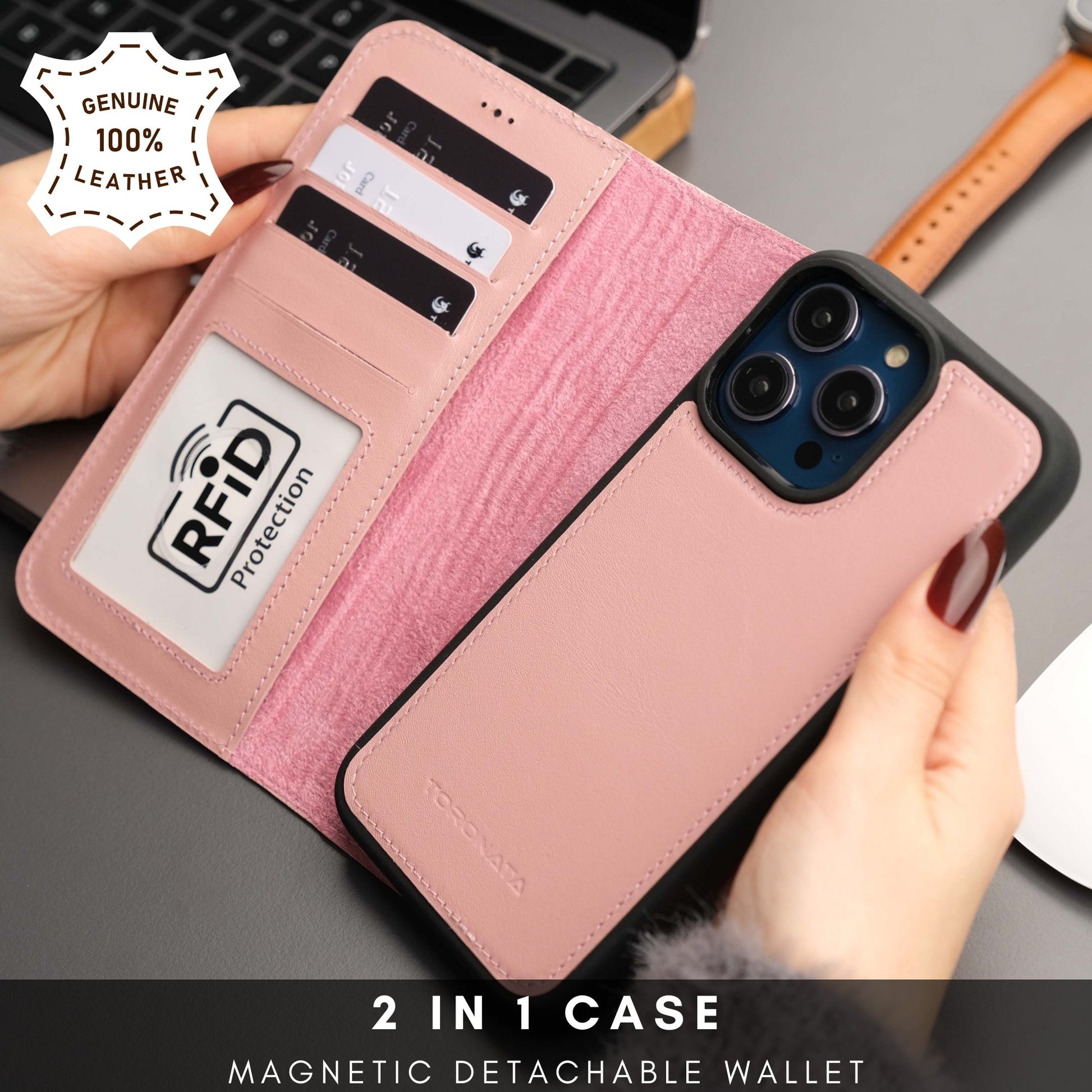 Coque portefeuille cuir rose pâle avec protection RFID et rangements magnétiques pour iPhone