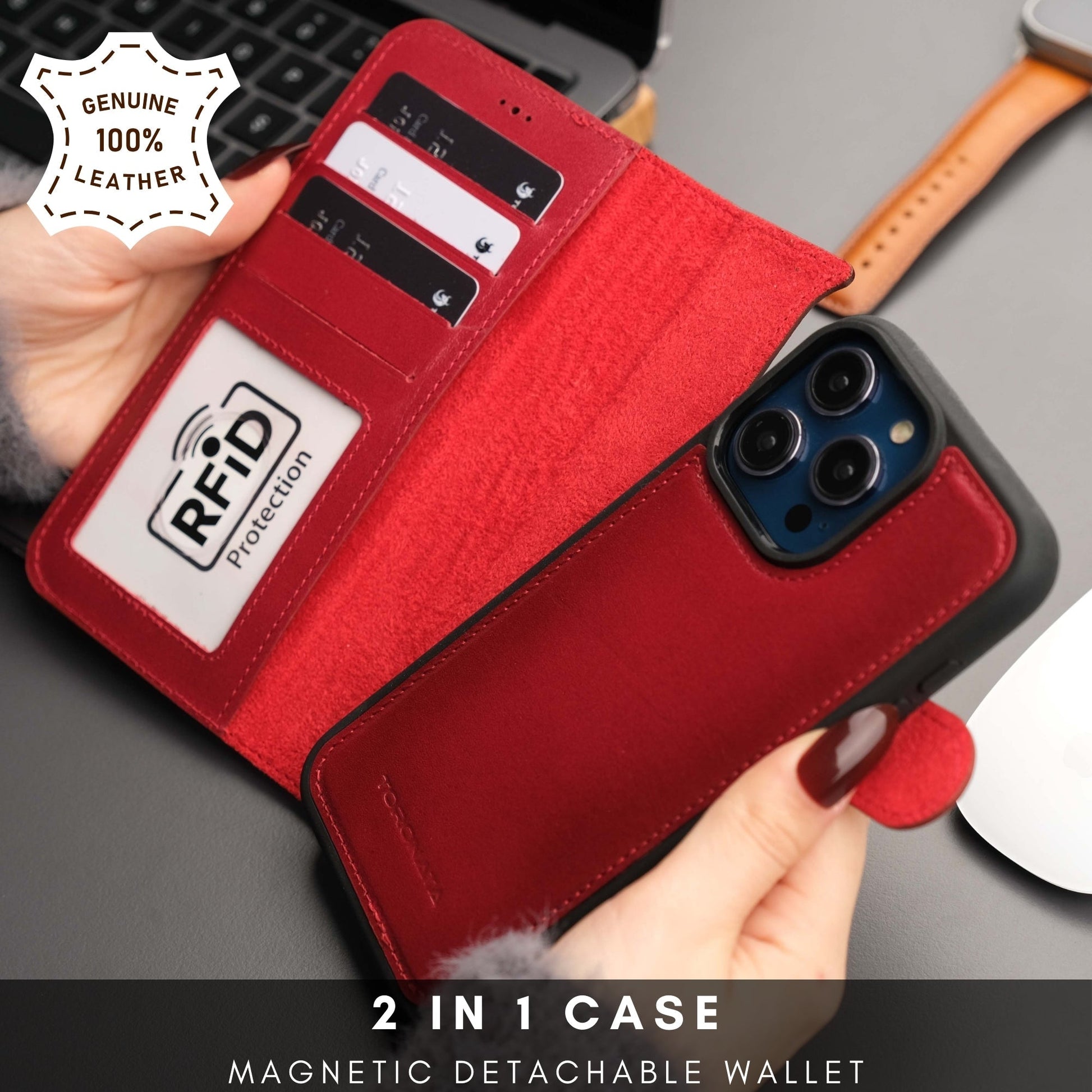 Coque portefeuille cuir rouge avec protection RFID et rangements magnétiques pour iPhone