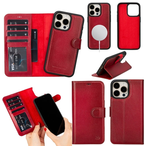 Coque portefeuille en cuir rouge pour iPhone 14 Pro Max, rabat avec support et cartes RFID.
