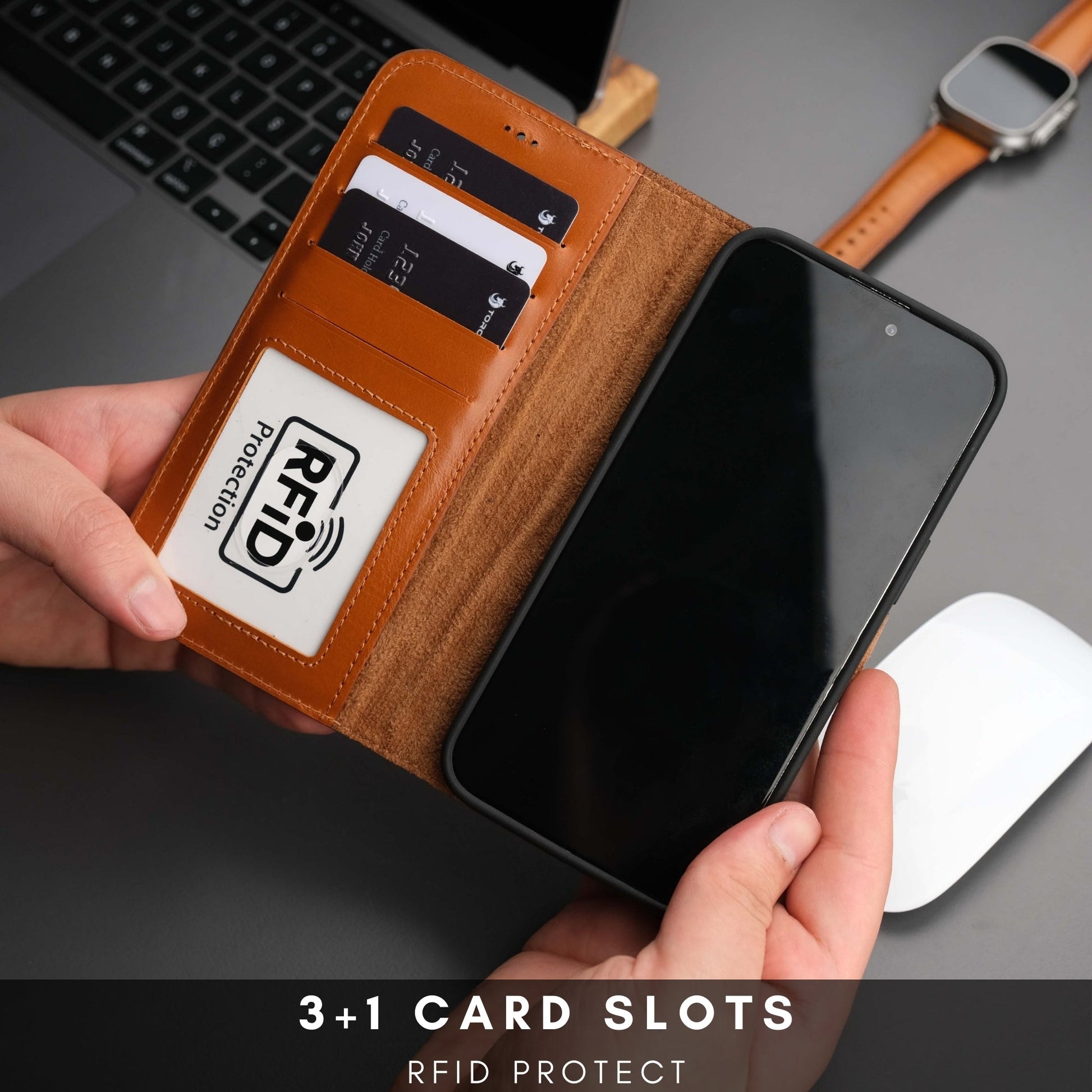 Coque portefeuille en cuir tan avec fentes cartes et emplacement RFID, rabat ouvert