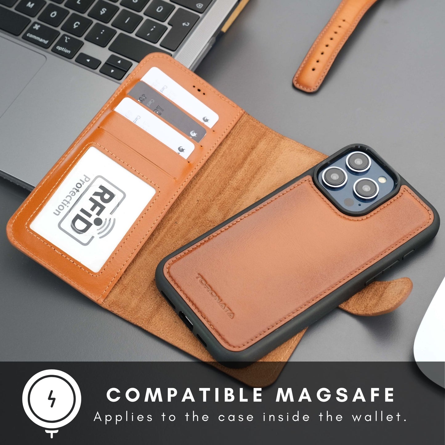 Coque portefeuille en cuir tan avec compartiments cartes et smartphone fixé, vue ouverte