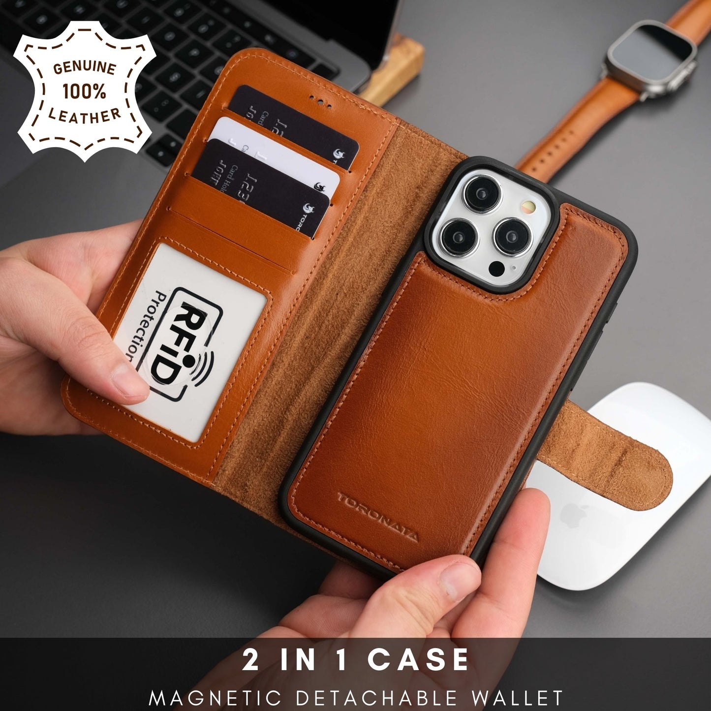 Coque portefeuille en cuir camel avec porte-cartes RFID, rabat magnétique et béquille intégrée.