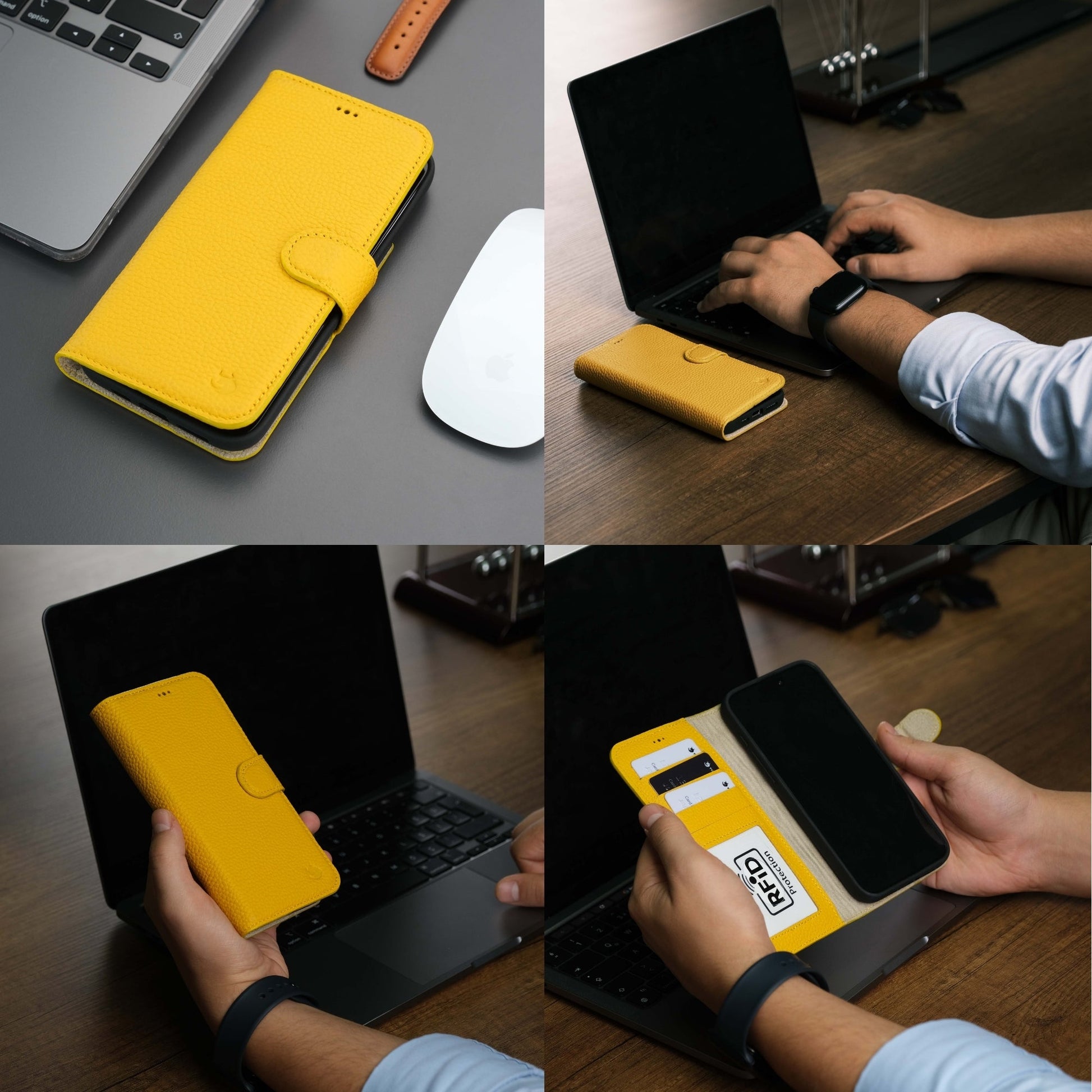 Coque portefeuille en cuir jaune pour iPhone 14 Pro Max, rabat avec support et protection RFID.