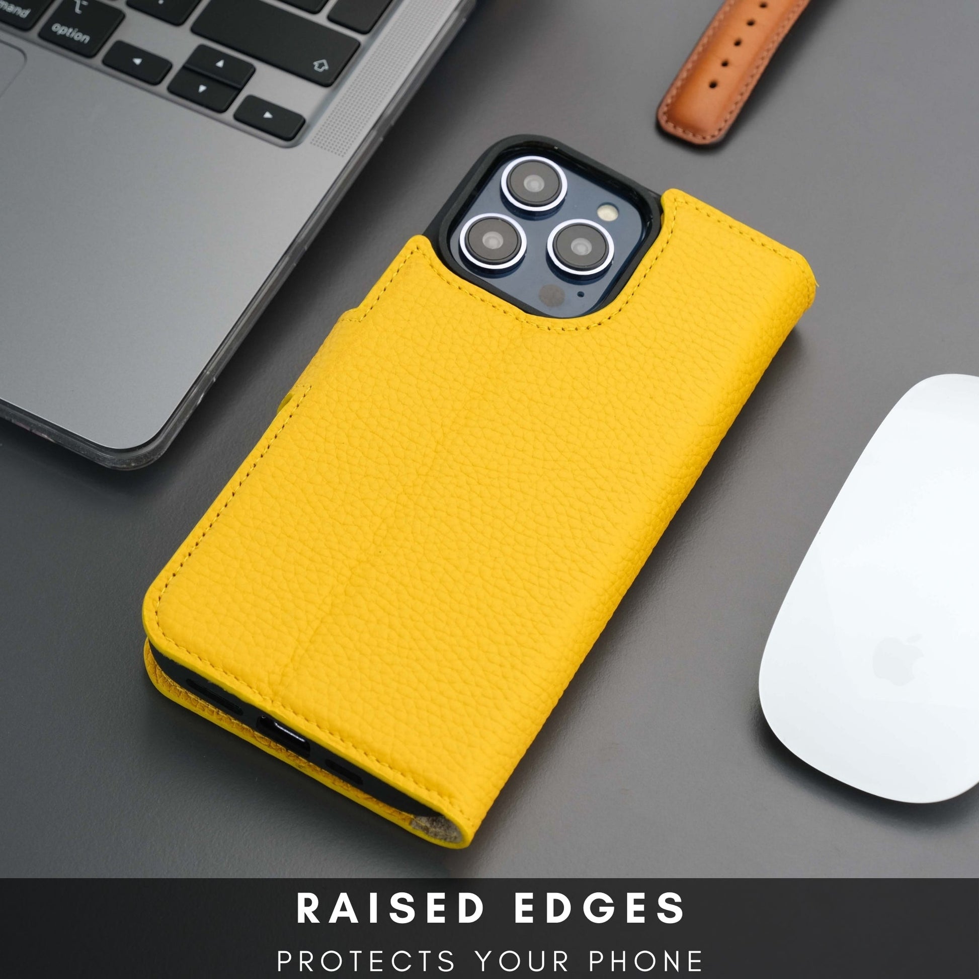 Coque portefeuille cuir jaune, rabat fermé, dos d’iPhone avec découpes caméra