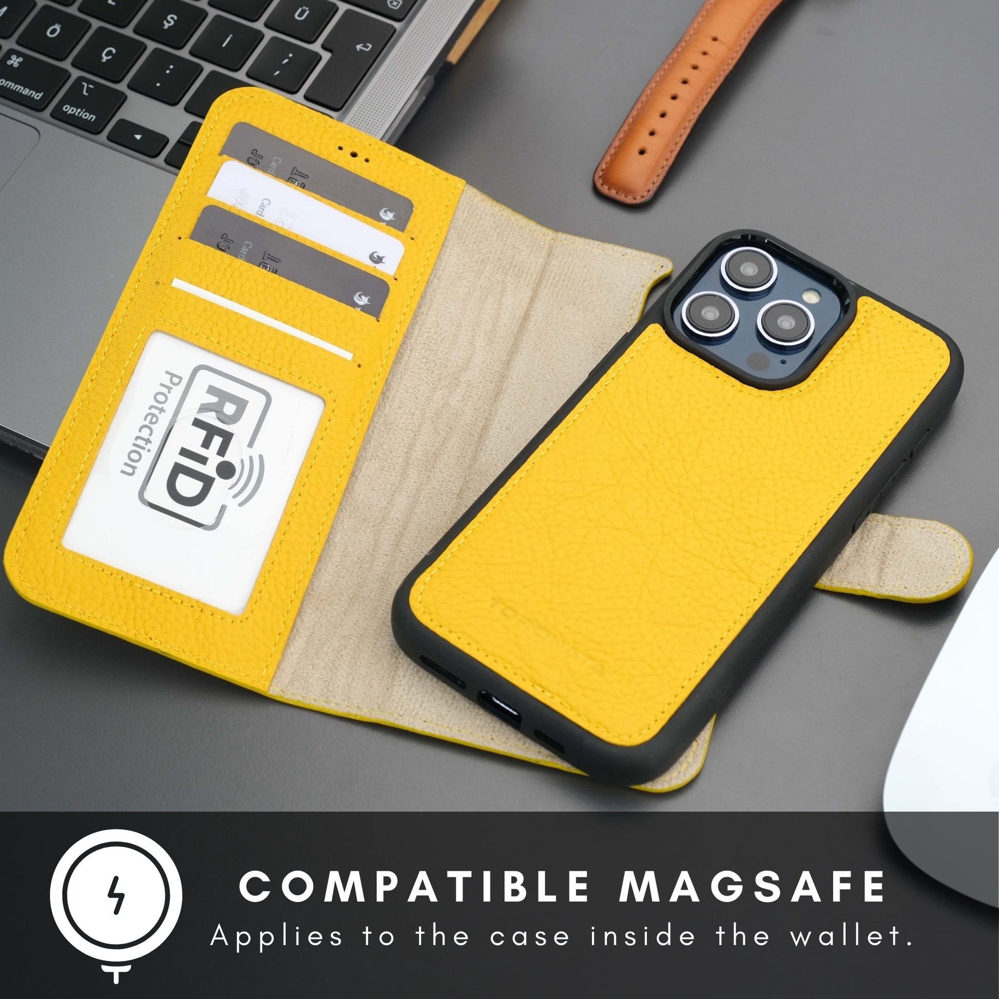 Coque portefeuille cuir jaune, rabat ouvert avec RFID, dos d’iPhone