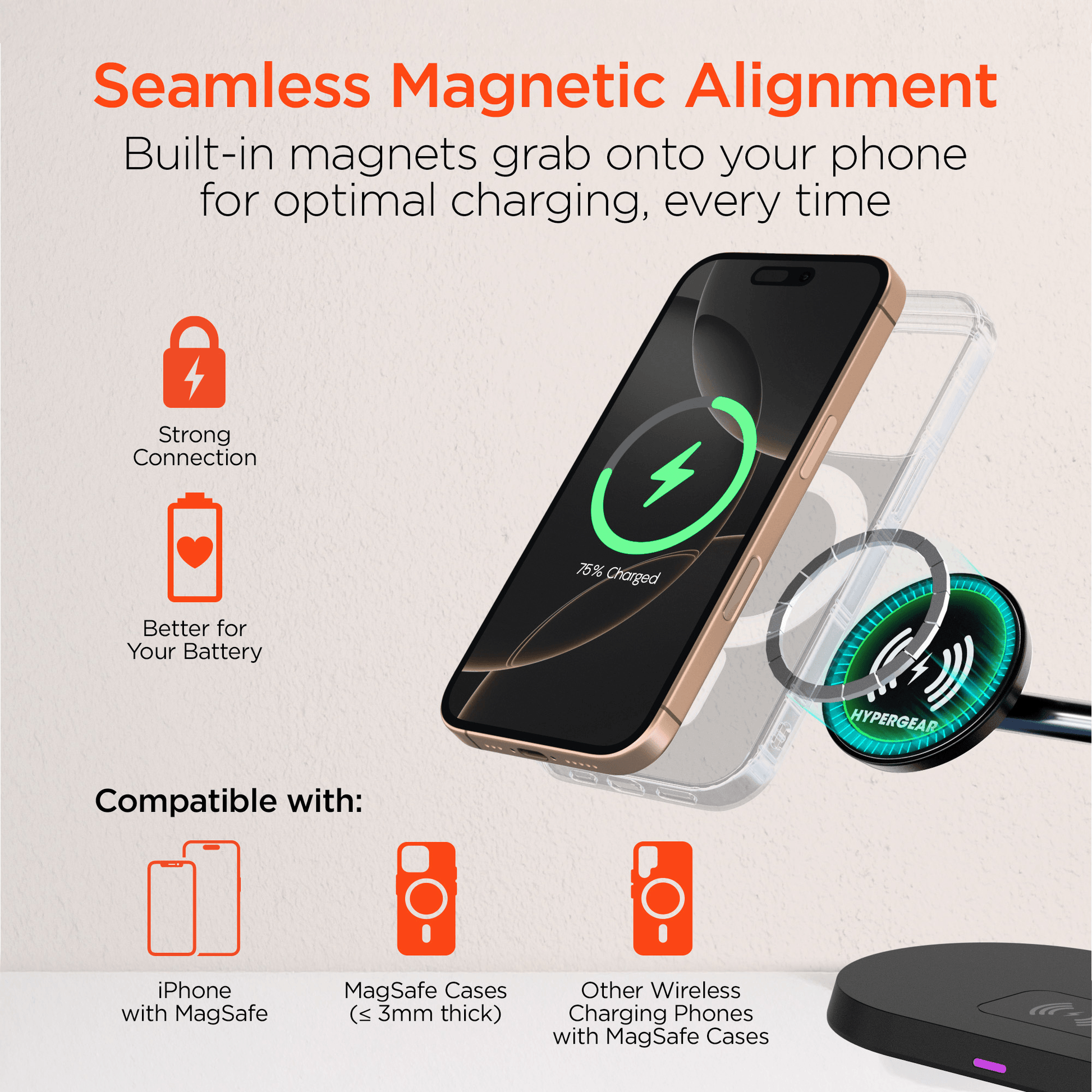 Station de charge 3-en-1 noire avec alignement magnétique pour smartphone sur support