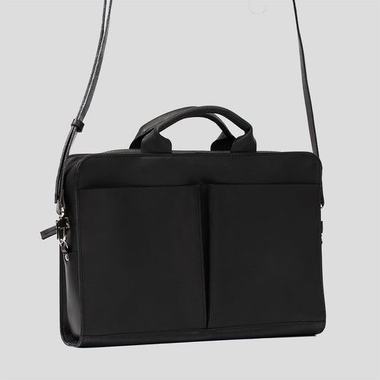 Sac ordinateur en cuir noir avec poignées et deux panneaux avant zippés