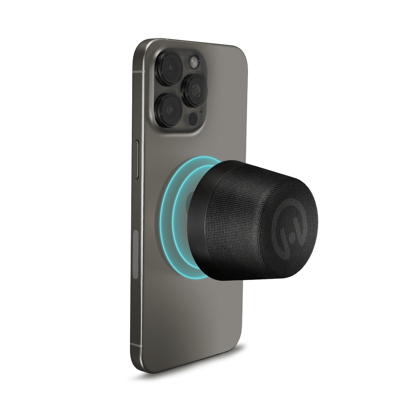 Enceinte sans fil compacte grise avec anneau lumineux bleu et haut-parleur cylindrique noir