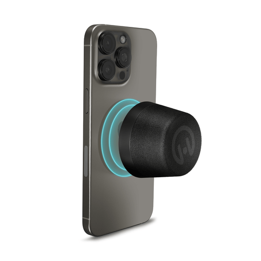 Enceinte sans fil compacte grise avec anneau lumineux bleu et haut-parleur cylindrique noir