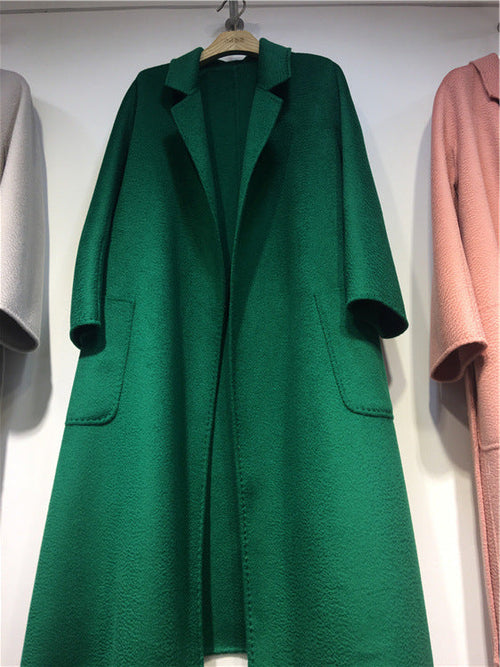 Manteau long en laine verte, col à revers, poches plaquées, manches courtes style kimono