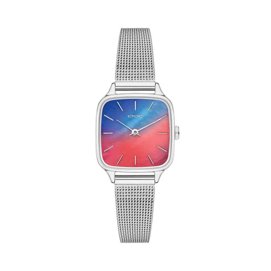 Montre Komono femme à cadran rouge-bleu et bracelet maille en acier