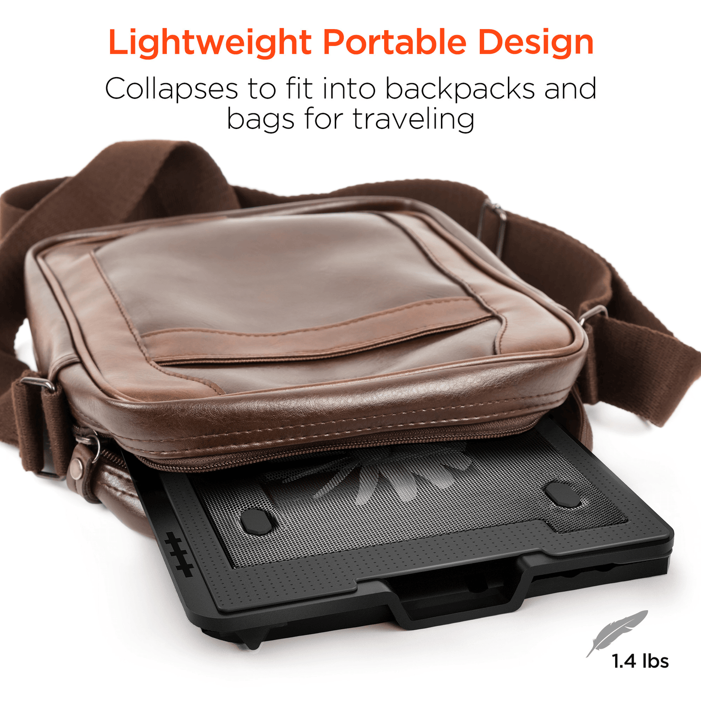 Support ventilateur noir pliable, dans une pochette de transport marron